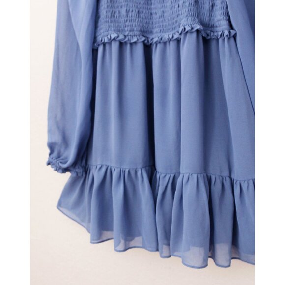 1.STATE Women's L Long Sleeves Smocked Ruffle Skirt Mini Dress Chiffon Blue $99 - Picture 11 of 15